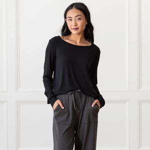 Cozy Earth Rib-Knit Bamboo Long Sleeve Lounge Top in Black Size Large NEW